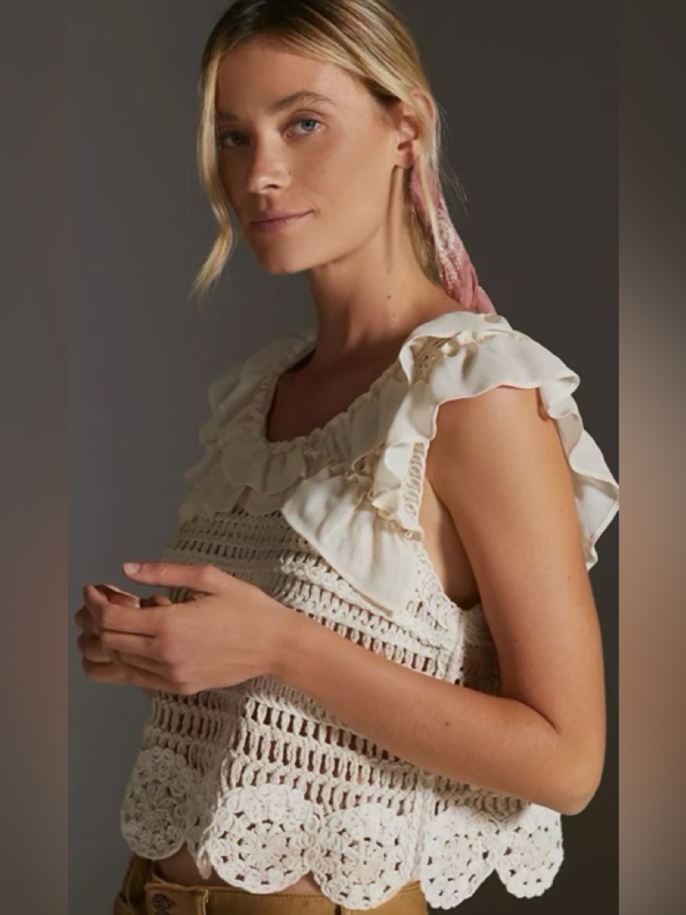 Anthropologie  Crochet Ruffle Sleeveless Top XS/S